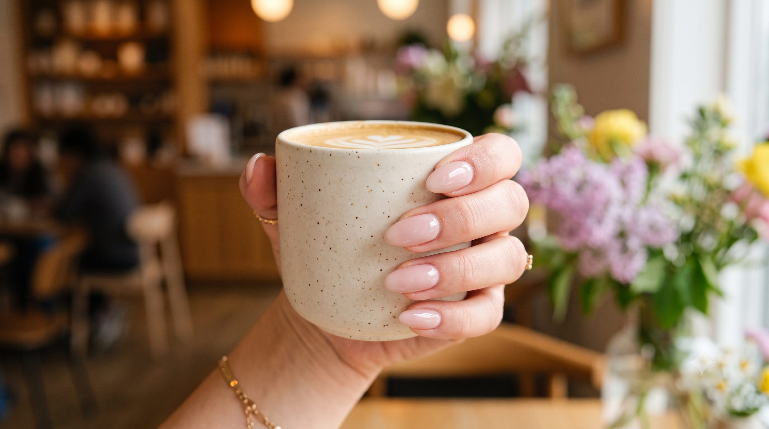 A hand with freshly painted nails holding a coffee at Art of Beauty Café, Bury St Edmunds